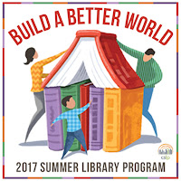 Text "Build a better world 2017 Summer Library Program" around a house being made by a man, woman and child out of large purple, red, yellow and green books.