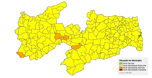 Novo Normal: Paraíba tem cinco municípios na bandeira laranja e 218 na amarela; Veja quais