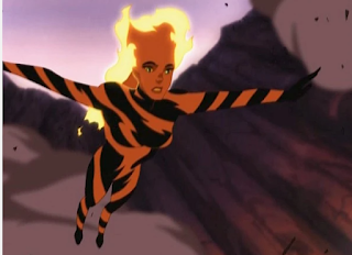 Amara leaping into a volcano. Amara is in her Magma form, her body is covered in a zigzag pattern of black and red, her head is bright red and her hair has turned into fire.