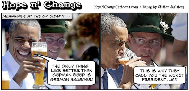 obama, obama jokes, political, humor, cartoon, conservative, hope n' change, hope and change, stilton jarlsberg, G7, germany, beer, sausage