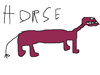Na imagem: Um desenho feito no paint muito ruim de um cavalo. Parece uma cabeça de cobra com dente sorrindo enfiada no corpo torto de um leão. Em cima escrito mal "cavalo"