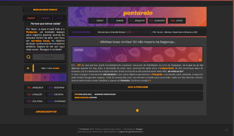 Print do Pontarelo Site, que consiste em seu cabeçalho horizontal do mangá Ranma Meio, juntamente de seu menu de topo; A barra lateral com a mensagem de boas-vindas, o menu de idiomas, a caixa de pesquisa, o botão de seguir, o menu de redes sociais, o menu de marcadores e o botão de agradecimentos, nessa ordem de cima para baixo; A área de postagens, demonstrando este texto que você lê agora; E o rodapé de direitos autorais. Tudo envolvido por um fundo escuro simples.