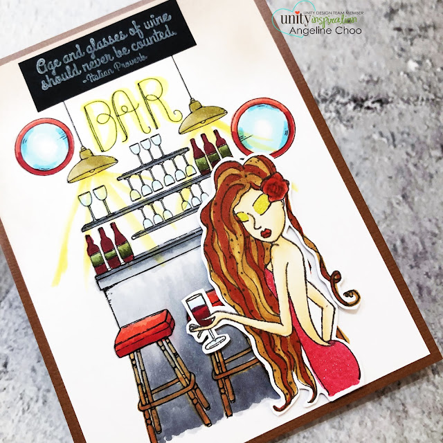 ScrappyScrappy: Stay safe and craft on with Unity Stamp - Scene Stamps Set the Bar #scrappyscrappy #unitystampco #card #cardmaking #handmadecard #stamping #papercraft #marlowfashionista #setthebar #barscene #unityscenestamp #sexyreddress #copicmarkers