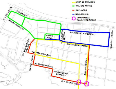 Mapa do centro de Santos com linhas de bondes - arte sobre imagem da Prefeitura Municipal de Santos