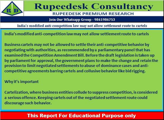 India’s modified anti-competition law may not allow settlement route to cartels - Rupeedesk Reports - 10.02.2023