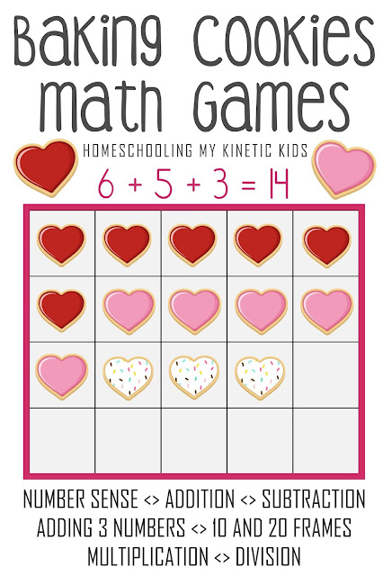 Cookie Baking Hands On Math Games // Homeschooling My Kinetic Kids // number sense, addition, subtraction, adding 3 numbers, 10-frame math, 20-frame math, multiplication, division, elementary math, kindergarten math, pretend play disguised as learning