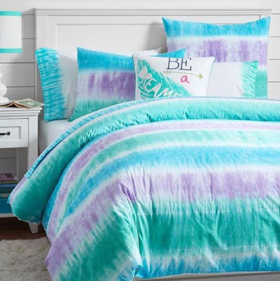 Tie dye for bright bedroom color ideas with purple and teal colors for duvet and pillows