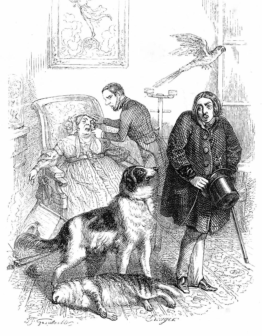 a J.J. Grandville cartoon, a guest's dog kills a host's cat