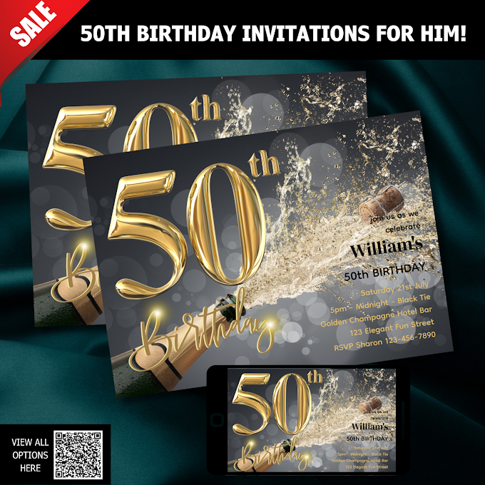 50% OFF TODAY!!    50th Birthday Invitations for Him