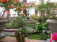 Flowers and fountain in the restaurant courtyard
