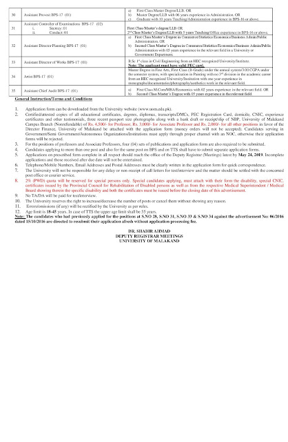 Advertisement No. 04/2019)  SITUATIONS VACANT  Applications, on the prescribed form to be downloaded from the University of Malakand website (www.uom.edu.pk) are invited from the eligible  Pakistani Nationals for the following vacant positions on permanent basi