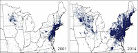 Maps show the reported cases of Lyme disease in 2001 and 2014 for the areas of the country where Lyme disease is most common (the Northeast and Upper Midwest). Both the distribution and the numbers of cases have increased. (Figure source: adapted from CDC 2015)  Click to Enlarge.
