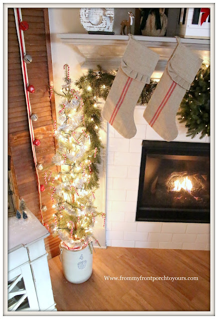 French Country -Farmhouse- Christmas Mantel-Pencil Tree In Vintage Crock-Pipe Cleaner Candy Canes-Stripe Grain Sack Stockings-From My Front Porch To Yours-
