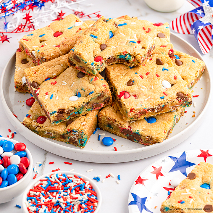 4th of July Dessert Red, White, and Blue M&M's Cookie Bars