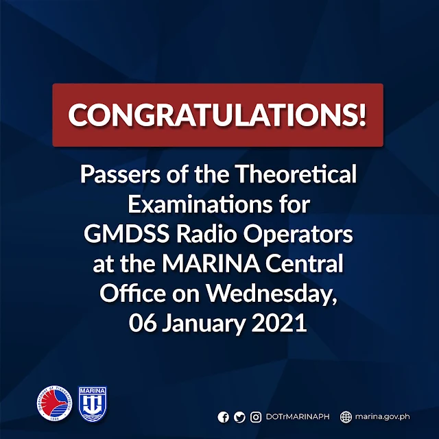 passers of the Theoretical Examinations for GMDSS Radio Operators conducted at the MARINA
