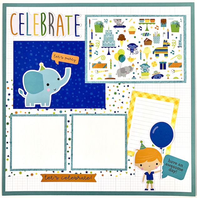 12x12 Birthday Boy Blue Scrapbook Layouts with elephant, balloon, and cake