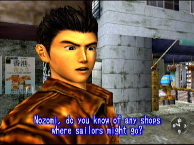 Ryo asking where he can find a shop where sailors usually go.