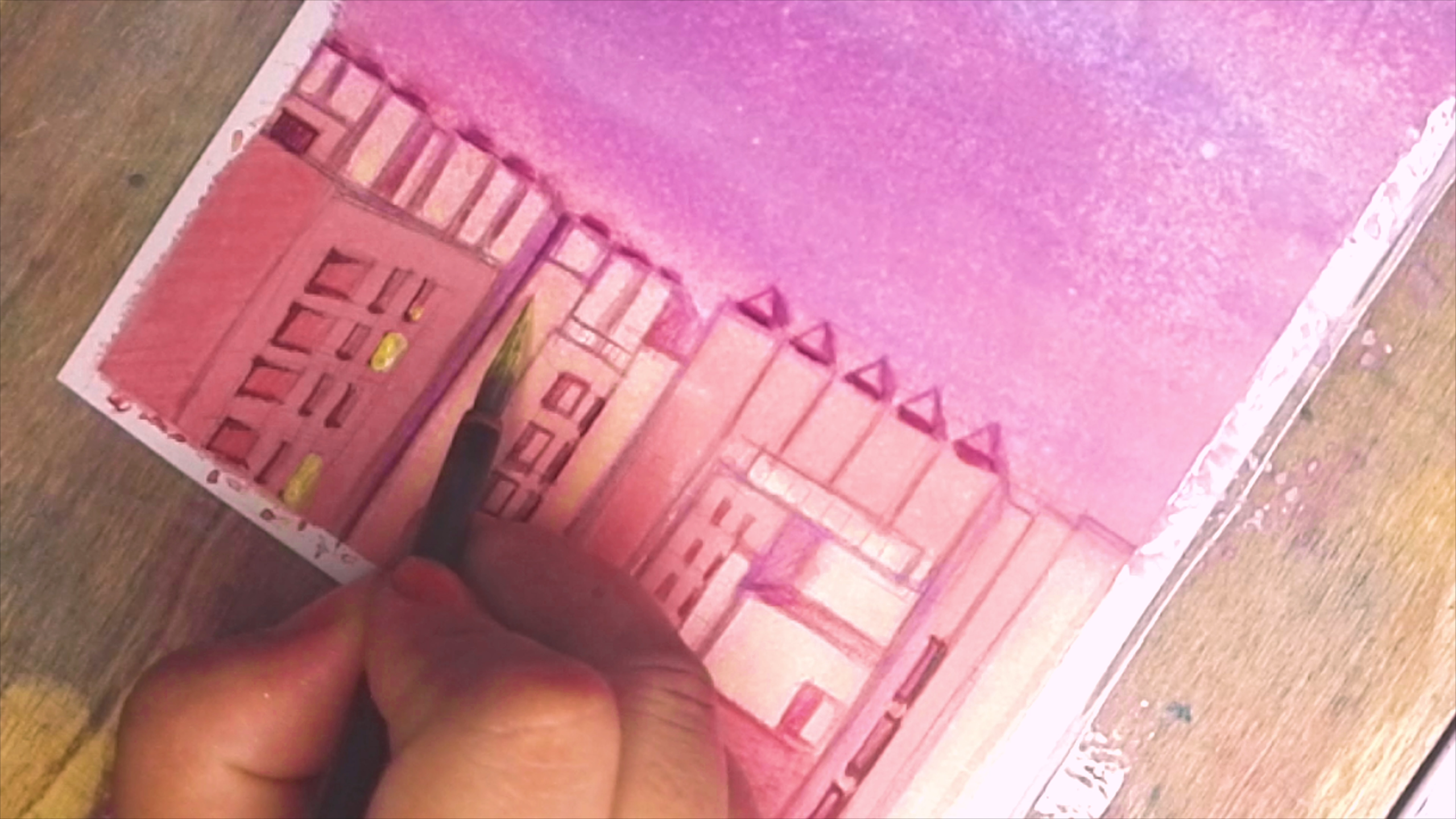 How to draw a pink style sunset with watercolor tutorial step by step for beginner