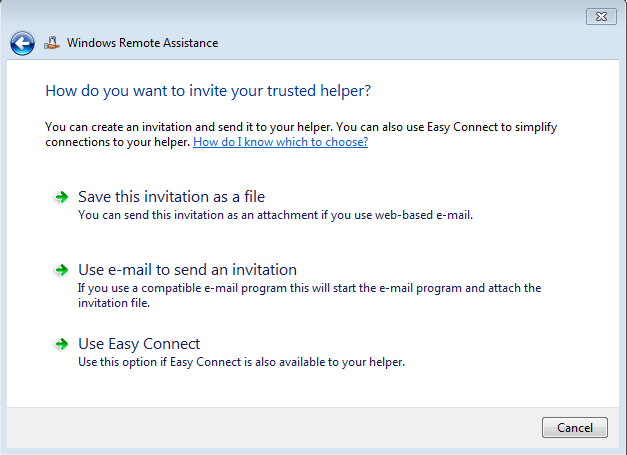 Options displayed for Windows remote assistance