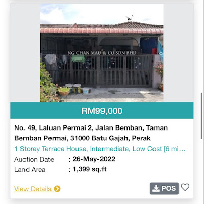 Rumah Teres 1 Tingkat di Batu Gajah, Perak di Lelong pada Harga RM99,000