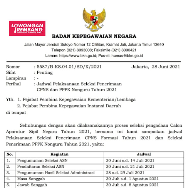 Jadwal Pelaksanaan Seleksi Penerimaan CPNS dan PPPK Nonguru Tahun 2021