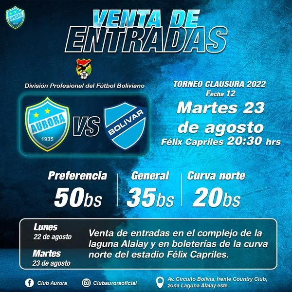 Venta de Entradas Aurora vs Bolivar