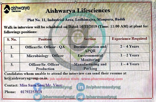 Aishwarya life sciences | Walk-in at Baddi for Production-QC-QA on 16 Nov 2019 | Pharma Jobs in Baddi