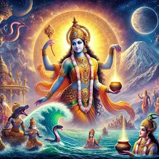 यह भगवान विष्णु के मोहिनी अवतार का चित्रण है, जैसा कि भागवत पुराण, अष्टम स्कंध के अध्याय 9 और 12 में वर्णित है।