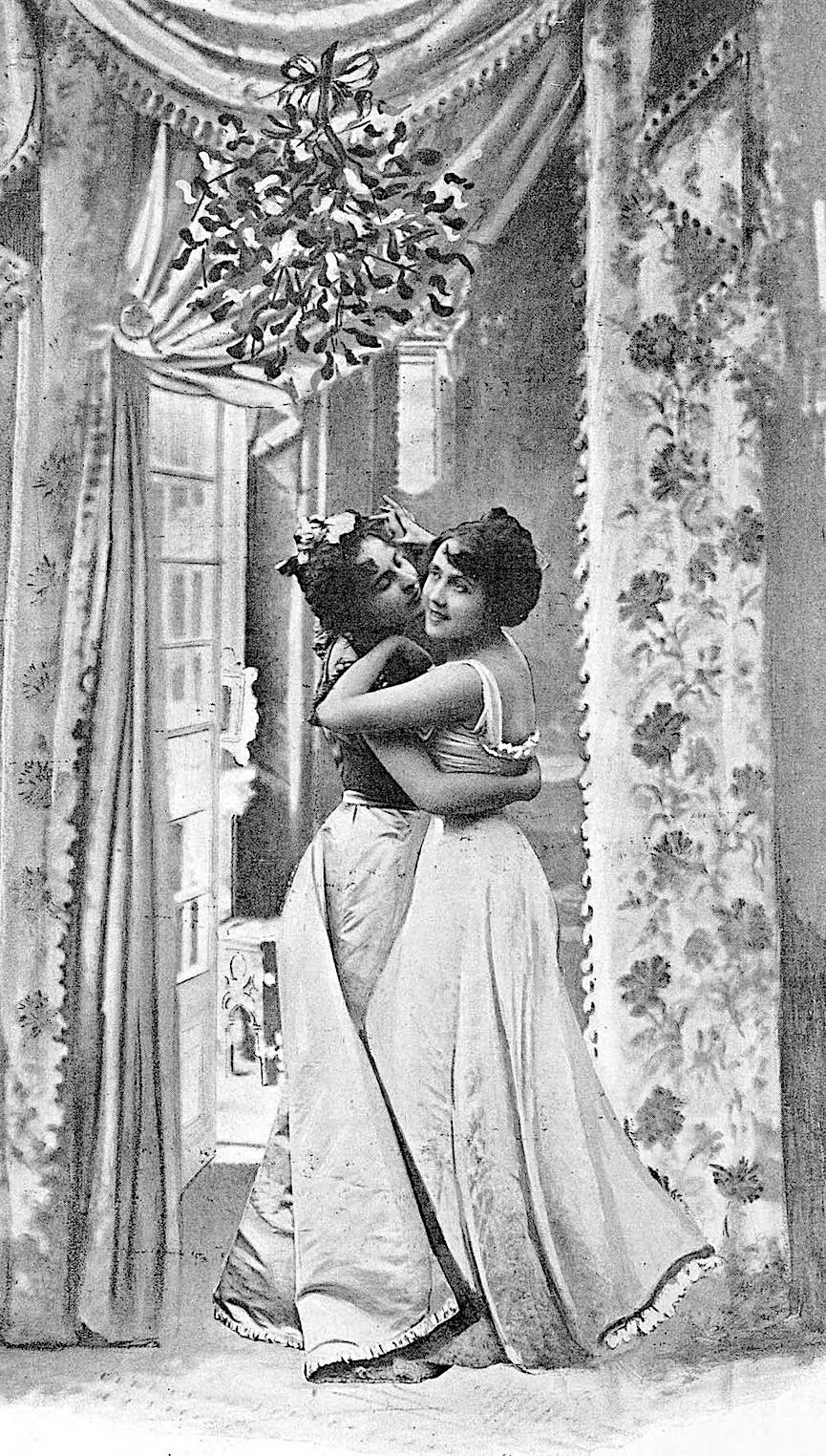 1899 Women Couple Kiss Under Mistletoe