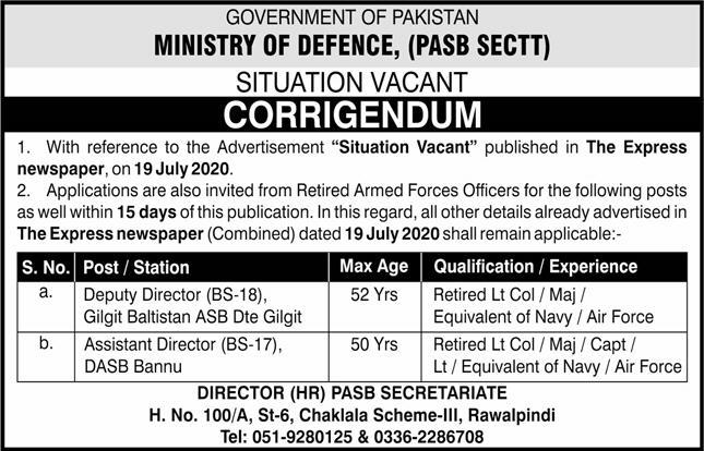 New Jobs in Ministry Of  Defence 2020