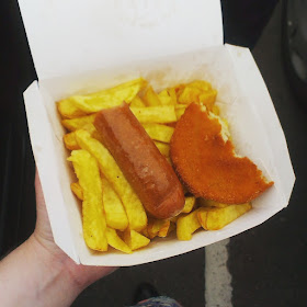 6pm - fishcake, sausage and chips