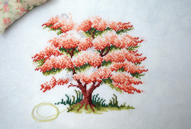 Blossoming Spring Cross Stitch Work in Progress, WIP, Sheila Hudson, The Ultimate Forest Friends Collection, Cherry Blossom