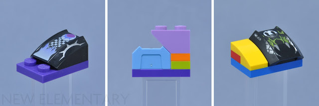 3 pictures of how Slope Curved 2 x 2 with Lip, No Studs fits with other lego pieces