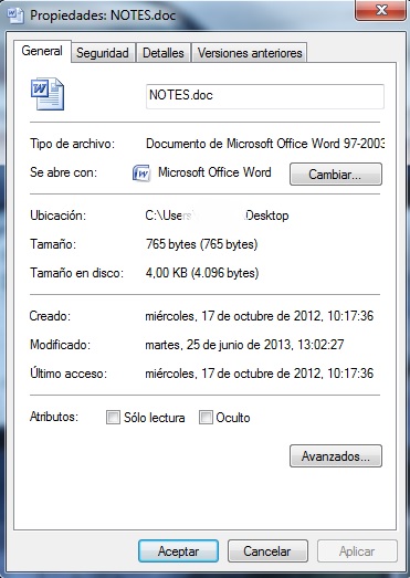 Ventana de propiedades de un archivo de Microsoft Word