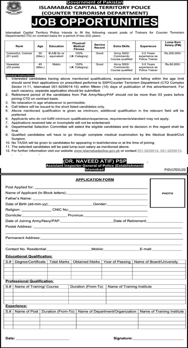  Islamabad Capital Territory Police intends to fill the following Department(CTD) on contract basis for a period of two (02) years