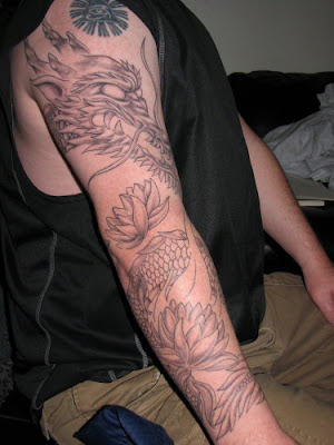 Chinese Sleeve Dragon Tattoo with flower tattoo
