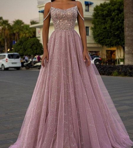 Spaghetti-Straps Tulle A-Line Long Prom Dress With Sequins Beads PD0700