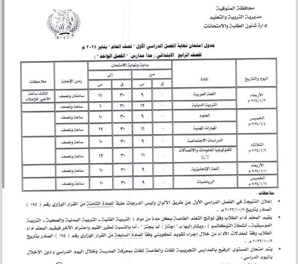 جداول امتحانات محافظة  المنوفية ترم أول 2024 %D8%B1%D8%A7%D8%A8%D8%B9