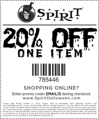 How often do you shop online? From now on until the end of October, go to spirithalloween[dot]com and use the coupon code "EMAIL13" to get 20% off on one item.