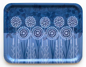 rectangular tray with flowers, in various shades of blue