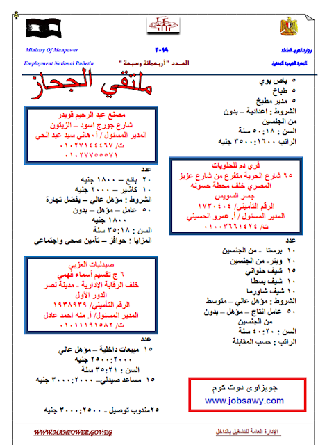 وظائف خالية - وظائف وزارة القوى العاملة والهجرة - نشرة وظائف القوى العاملة 2019