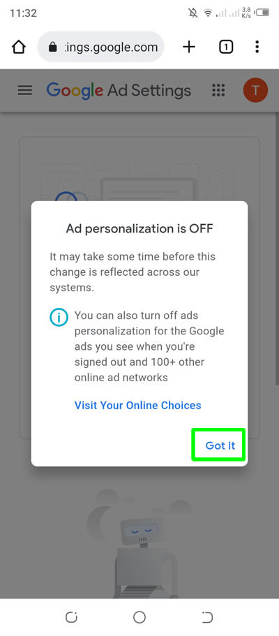 successfully turned off ad personalization google search ads