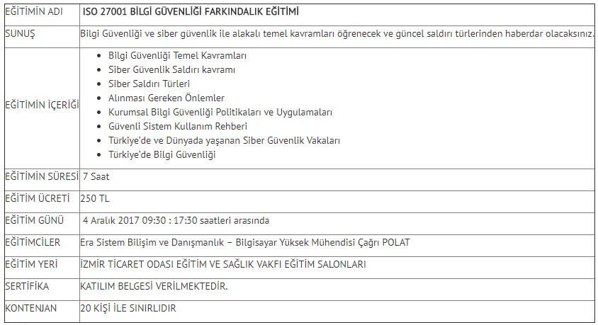 İzmir Ticaret Odası ISO27001 Bilgi Güvenliği Farkındalık Eğitimi