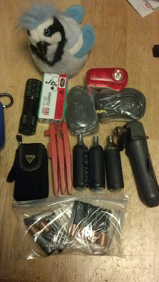 batteries, mult-tool, CO2, tubes, patch kit, extra blinky, Jaybird