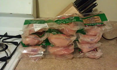 Stacks of organic chicken breast from Costco