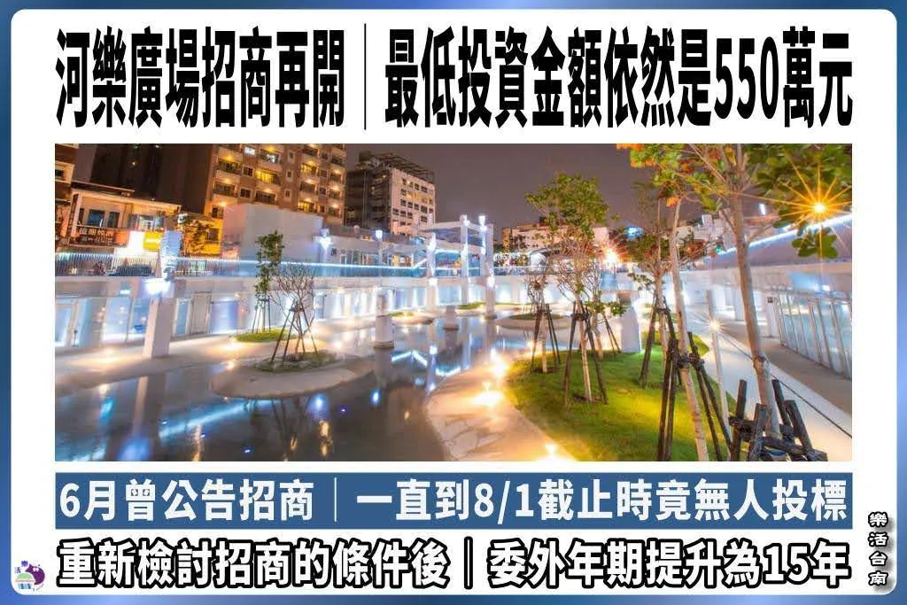 台南最大親水廣場「河樂廣場」第二次招商｜最低投資金額550萬｜曾被富比世雜誌譽為「全世界最值得期待的七大公園」之一
