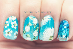 Floral flower nail art white roses daisy flowers blue gradient nail polish glequins
