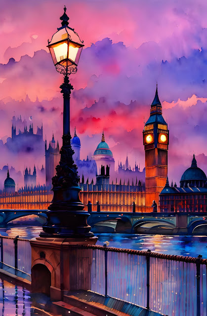 Water color Painting of London at night with lamp post