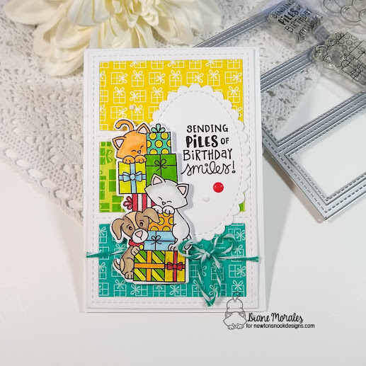 Sending piles of birthday wishes by Diane features A7 Frames & Banners, Birthday Party, Oval Frames, and Sky High Celebration by Newton's Nook Designs; #inkypaws, #newtonsnook, #birthdaycards, #cardmaking, #dogcards, #catcards