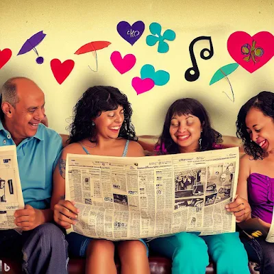 Família feliz lendo um jornal com notícias boas. - Ilustração gerada por IA do Criador de Imagens do Bing. #PraCegoVer